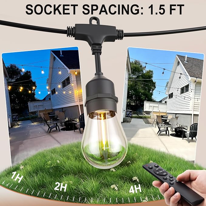 SUFEIMAS LED-Outdoor-String-Lights-Patio-Light-Outside 100FT Waterproof String Light with Remote Dimmer Outdoor Lighting with 68 Plastic Bulbs Hanging Lights for Porch Garden Backyard,1.5 FT Spacing