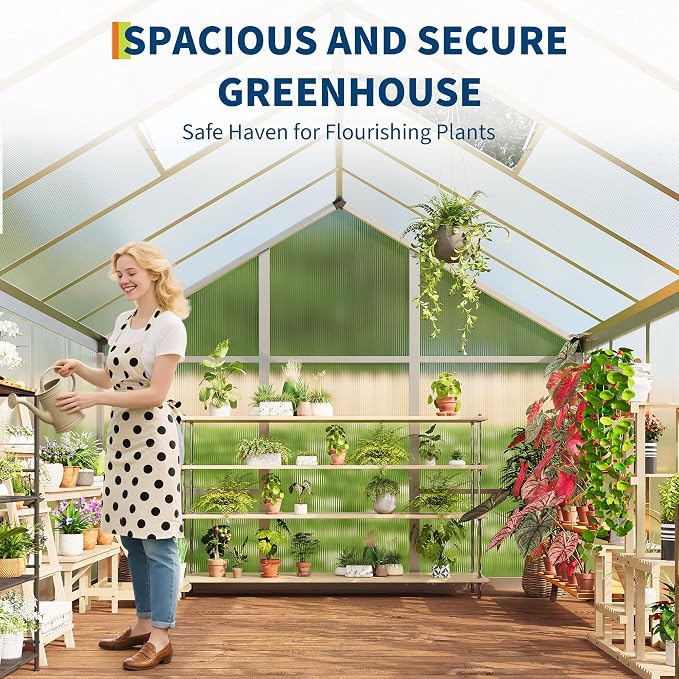 6X6 Ft Polycarbonate Greenhouse Sunroom with Aluminum Frame, Outdoor Greenhouse for Vegetables Herbs Flowers, Lockable Door & Adjustable Roof Vent, Patio Backyard Greenhouse Kit for Gardening, Silver