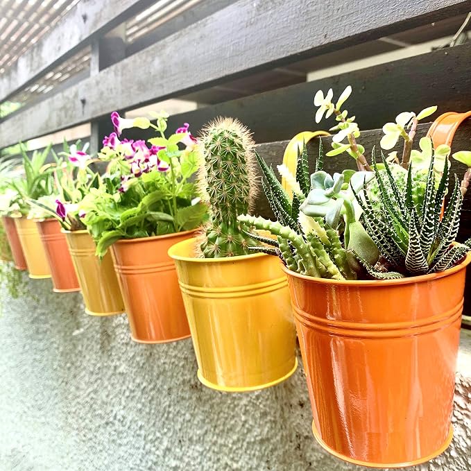 LaLaGreen Rail Planter for Outdoor Plants (4 in, 10 Pack) Orange Metal Pots | Fence rail planters for balcony, apartment, patio, porch, deck, herb, succulent, cactus, outdoor plants