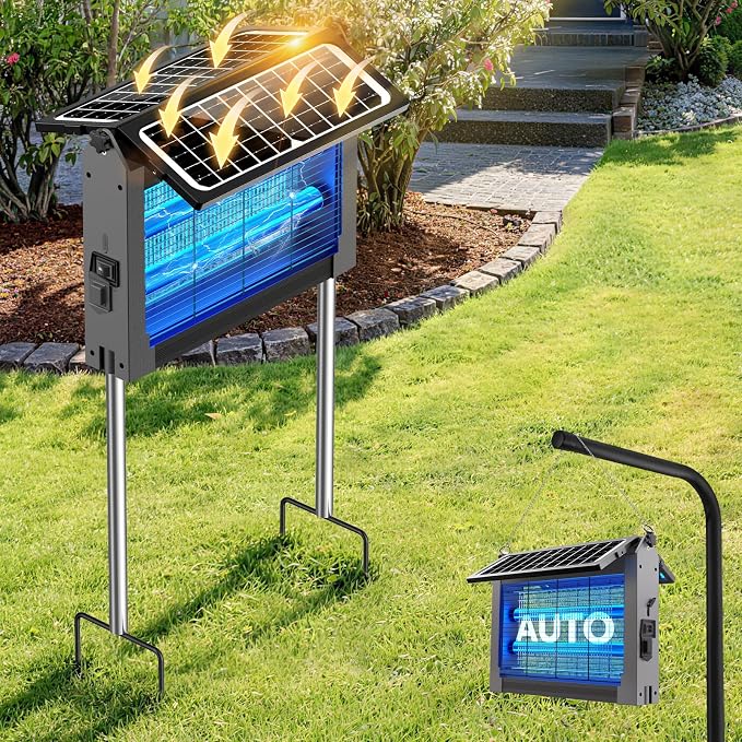 Solar Bug Zapper Outdoor, Dual Solar Panels, 4500V Waterproof Portable Mosquito Zappers, Cordless Fly Trap w/Auto Mode, Rechargeable Mosquitoes Insect Killer for Patio Yard Garden Camping Pool(Gray)