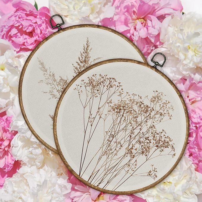 TLESKE Beige Rustic Fall Botanical Round Wall Art Decor Set of 2, Boho Autumn Wildflower Floral Framed Canvas Prints Wall Art Artwork, Neutral Vintage Wall Hanging Decor for Farmhouse Bedroom Living Room 10x10