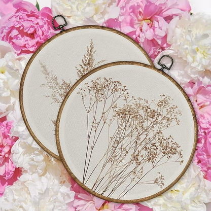 TLESKE Beige Rustic Fall Botanical Round Wall Art Decor Set of 2, Boho Autumn Wildflower Floral Framed Canvas Prints Wall Art Artwork, Neutral Vintage Wall Hanging Decor for Farmhouse Bedroom Living Room 10x10