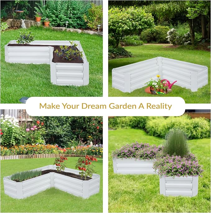 Sunnydaze Galvanized Raised Garden Bed - Outdoor Planter Box for Backyard or Patio - Steel Metal Raised Bed for Gardening Vegetables, Flowers, Herbs - 47 x 47 x 12 in - Ivory White - L-Shaped