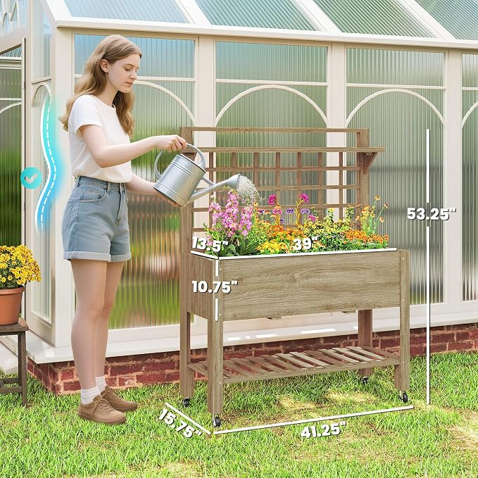 Outsunny 41" Raised Garden Bed with Trellis on Wheels, Wooden Elevated Planter Box with Legs and Bed Liner, for Flowers, Herbs & Vegetables, Dark Brown