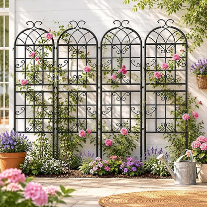 2-Pack 71" Black Metal Garden Trellises with Butterfly Design | Black metal trellises with butterfly arch design, scrollwork, spiked legs, and vertical support for roses, vines, or veggies
