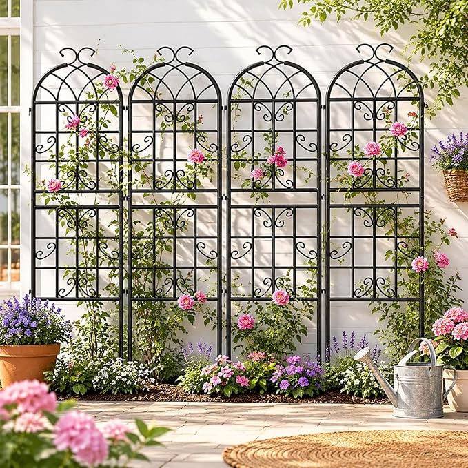 4-Pack 71" Black Metal Garden Trellises with Butterfly Design | Set of 4 black metal trellises with butterfly arch tops, scrollwork, spiked legs, and support for roses, vines, or veggies