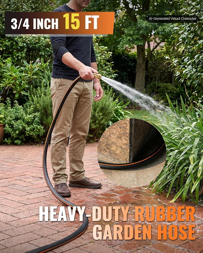 Heavy Duty Rubber Garden Hose 15FT x 3/4", Flexible Water Hose with 360° Swivel Brass Fittings, 300 PSI Working, 1000 PSI Burst, 5-Layer Reinforce, All Weather Outdoor Hose, BG15GH406