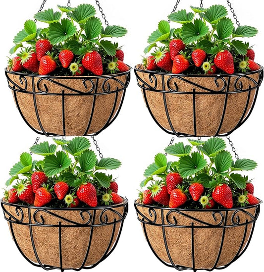 AMAGABELI GARDEN & HOME 4 Pack 12 Inch Metal Plant Hanging Baskets Planter Flower Pots Outdoor Indoor Wire Hanging Basket for Vegetable with Coco Fiber Liners for Garden Home Porch Decor