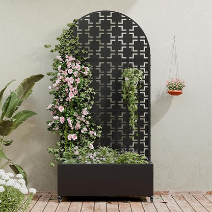 Casaphoria Metal Raised Garden Bed with Trellis and Wheels, 72"x35"x16" Arched Planter Box for Climbing Plants, Vegetables & Vines, Features Drainage Holes and Privacy Screen (Black-Square)