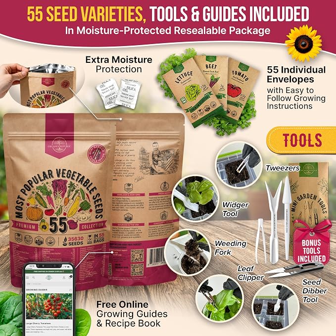 55 Vegetable Seeds Variety Pack - 35,600+ Non-GMO Heirloom Seeds for Planting Vegetables and Fruits in Individual Seed Packets, Home Garden Seeds for Hydroponic, Indoor and Outdoors Gardening
