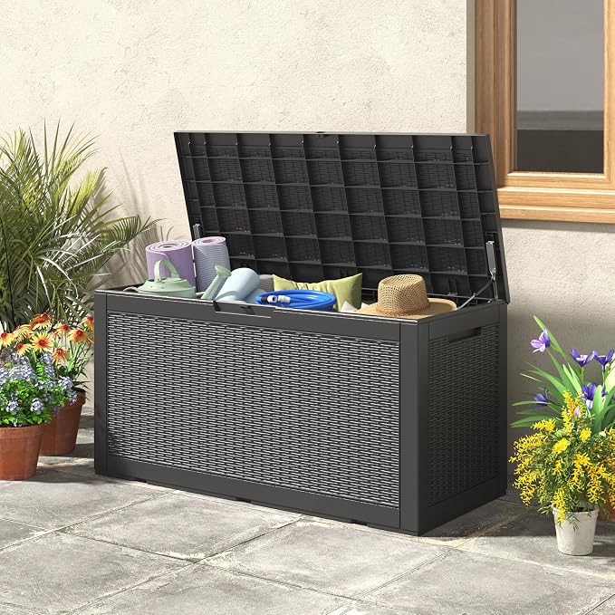NUNU LAB 100 Gallon Large Waterproof Resin Deck Box, Lockable Outdoor Storage Box with Gas Lift, Patio Cushions, Garden Tools, Pool Supplies, Indoor Outdoor Storage Container, Black
