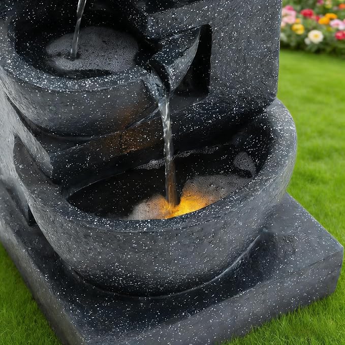 29" H Terrazzo Style Outdoor Water Fountain, 4-Tier Cascading Bowls with Stacked Stone Design and LED Lights, Freestanding Resin Water Feature for Garden Patio Porch