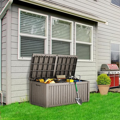 Outdoor Storage Box, 180 Gallon Waterproof Deck Box, Piston-Lift Tall Standing Cabinet for Oversized Cushions, Lockable Deep Tool Organizer Storage Bench, Large Lawn, Grey