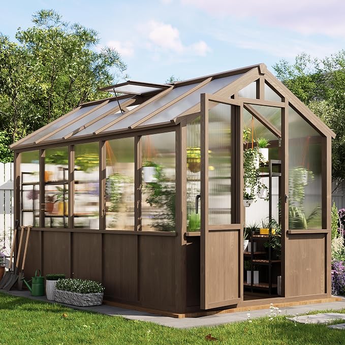 Garvee 6x10 FT Wooden Greenhouse - Walk-in Greenhouses for Outdoors, Large Spruce Frame Green House with PC Panels, Adjustable Roof Vents & Lockable Door, Green Houses for Garden,Backyard,Patio,Lawn