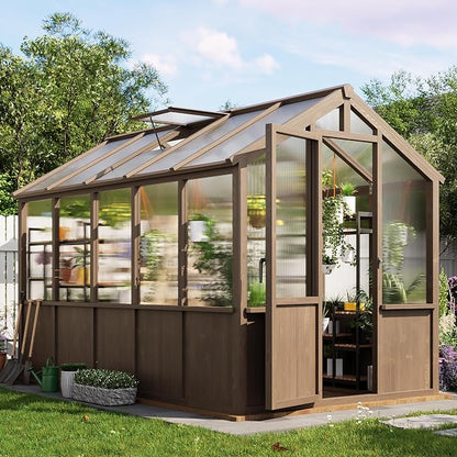 Garvee 6x10 FT Wooden Greenhouse - Walk-in Greenhouses for Outdoors, Large Spruce Frame Green House with PC Panels, Adjustable Roof Vents & Lockable Door, Green Houses for Garden,Backyard,Patio,Lawn