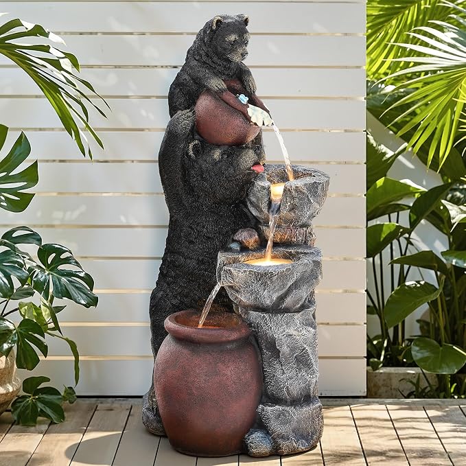 38" H Playful Twin Bear Statue Outdoor Fountain with LED Lights | Whimsical Multi-Tiered Stone Vessel Water Feature with Soothing Cascading Waterfall for Patio, Backyard, Garden or Porch