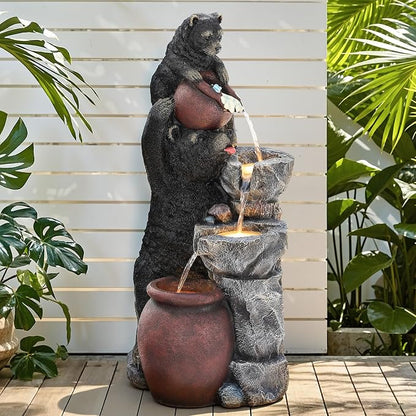 38" H Playful Twin Bear Statue Outdoor Fountain with LED Lights | Whimsical Multi-Tiered Stone Vessel Water Feature with Soothing Cascading Waterfall for Patio, Backyard, Garden or Porch