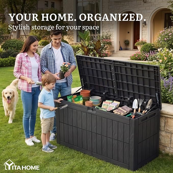 YITAHOME 110 Gallon Outdoor Deck Box | Waterproof Resin Storage Box with Lock, Lockable Patio Furniture Bin, 2-Person Bench Seating for Outdoor Cushions, Garden