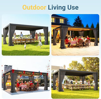 12' x 16' Louvered Pergola, Aluminum Frame Outdoor Pergola with Adjustable Louvered Roof, Curtains & Netting, Gutter System, Hardtop Patio Gazebo for Patio, Deck, Garden, Yard, Dark Gray
