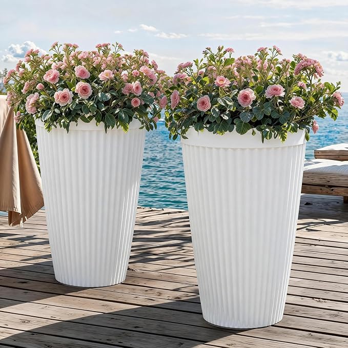 Autodaya 20" Tall Fluted Resin Planters Set of 2 with Drainage Holes | High-Density Weather-Resistant Resin Pots For Indoor and Outdoor Plants, Patio, Garden, Porch, Living Room, Ideal for Gifting