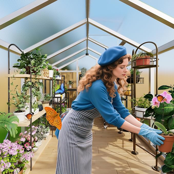 6X6 Ft Polycarbonate Greenhouse Sunroom with Aluminum Frame, Outdoor Greenhouse for Vegetables Herbs Flowers, Lockable Door & Adjustable Roof Vent, Patio Backyard Greenhouse Kit for Gardening, Silver