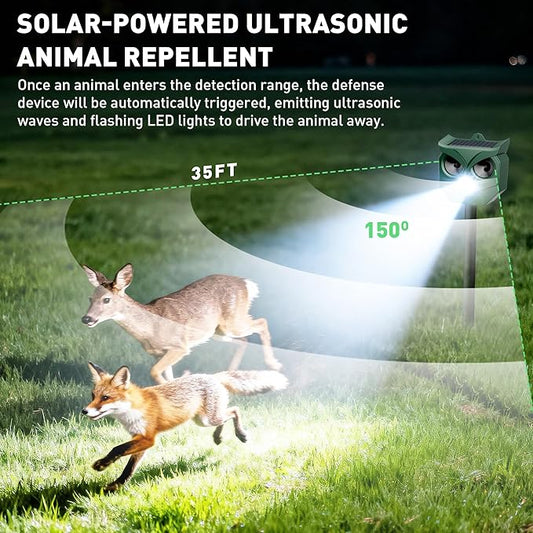 2Pack Solar Ultrasonic Animal Deterrent Outdoor, Motion Sensor Repeller with Flashing Lights, Waterproof Deterrent Device for Cats Squirrels Deer Raccoons Skunks - Garden Yard Farm Protection