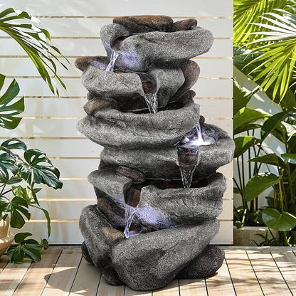 20" H Outdoor Water Fountain with LED Lights, 5-Tier Rock Outdoor Fountain with Pump,Polyresin Cascading Freestanding Waterfall Feature for Tranquil Garden, Patio or Porch