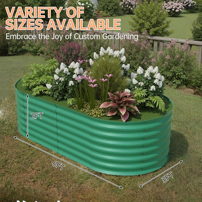 Garvee 6x3x2ft Galvanized Raised Garden Bed, Oval Metal Planter Box with Anti-Cut Safety Edges, 269 Gallons Rust-Resistant Deep Root Planter for Outdoor Vegetables, Flowers, Herbs, Green