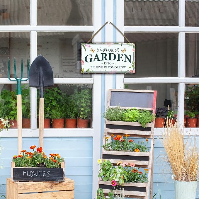 To Plant a Garden Is to Believe in Tomorrow Garden Sign - Colorful Wooden Hanging Spring Decor for Country Rustic Garage Home Farmhouse Wall Fence Decor Gift for Mothers, Grandmas, Plant Lovers -A02