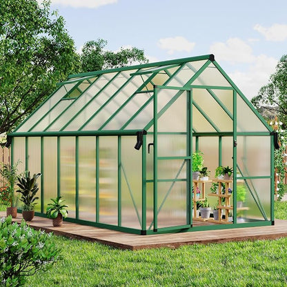 CABIHOME 8x12 FT Outdoor Greenhouse, Polycarbonate Greenhouse with Roof Vent and Ground Nails, Aluminum Large Walk-in Green House w/ Lockable Push Door for Outdoor Garden (Green, 8x14 FT)