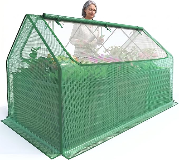 Quictent Raised Garden Bed Galvanized Raised Beds for Gardening Vegetables with Cover 8x4x2 ft Metal Planter Box Outdoor Use, Green