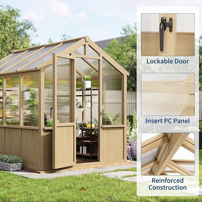 Garvee 6x8 FT Wooden Greenhouse - Walk-in Greenhouses for Outdoors, Large Spruce Frame Green House with PC Panels, Adjustable Roof Vents & Lockable Door, Green Houses for Garden,Backyard,Patio,Lawn