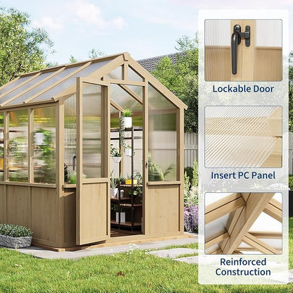 Garvee 6x8 FT Wooden Greenhouse - Walk-in Greenhouses for Outdoors, Large Spruce Frame Green House with PC Panels, Adjustable Roof Vents & Lockable Door, Green Houses for Garden,Backyard,Patio,Lawn