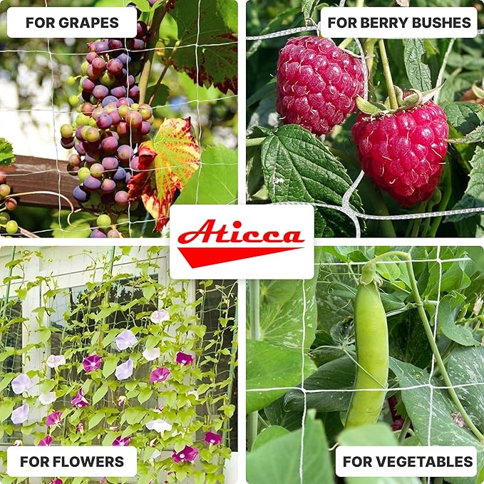ATICCA Trellis Netting 6.5 x 350 ft Heavy Duty Polyester Plant Support Netting White - 6 Inch Garden Rope Trellis on Roll - Mesh Twine for Growing Vine Climbing Plants, Flowers, Peas, and Tomatoes.