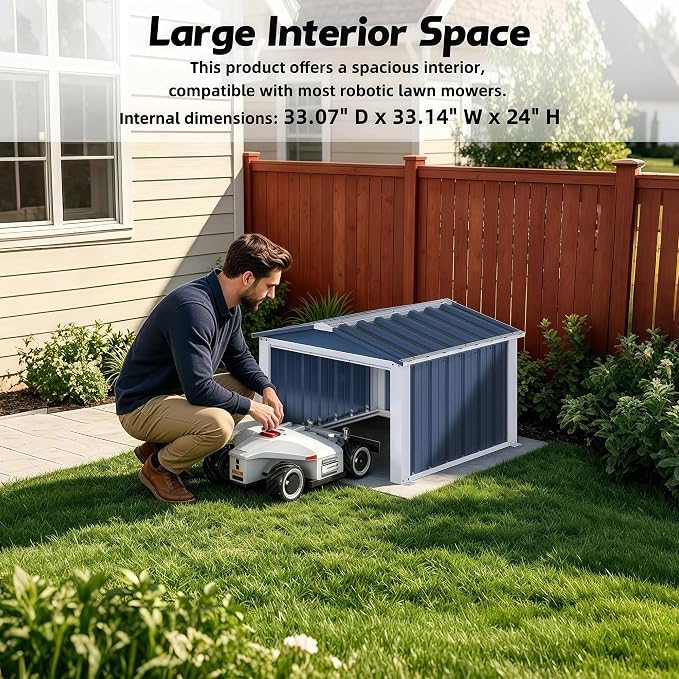 REEMOON 3x3 FT Metal Robot Mower Garage, Small Outdoor Shed, Blue | Open-front metal shelter for robot mowers, garden tools, trash bins, and small backyard equipment; assembly required.