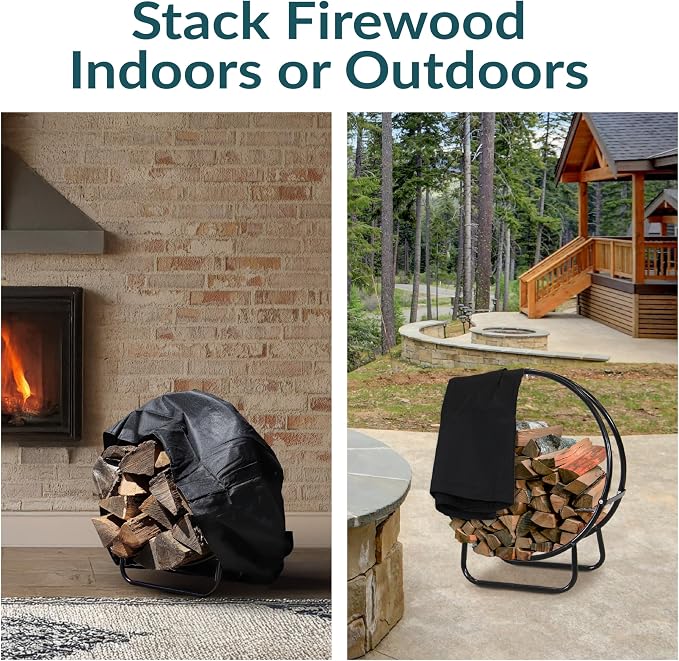 Sunnydaze 24-Inch Firewood Rack with Cover - Black Indoor Firewood Holder - Log Holder Hoop and Cover Set - 300-lb Capacity