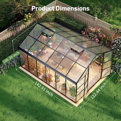 10x12FT Green Houses for Outside with Hygrometer, Double-Door Polycarbonate Greenhouse with Drainage Channel, Large Heavy Duty Greenhouse with Aluminum Frame, Roof Vent for Backyard or Garden Use