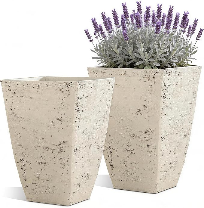 2-Pack 19" Country White Resin Square Planters with Drainage Hole | Set of 2 resin planters with weathered stone texture, drainage plugs, and UV-resistant finish for porch, patio, or indoors