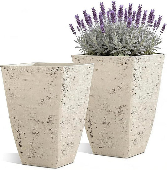 2-Pack 19" Country White Resin Square Planters with Drainage Hole | Set of 2 resin planters with weathered stone texture, drainage plugs, and UV-resistant finish for porch, patio, or indoors