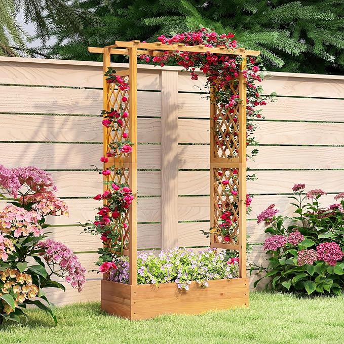 S AFSTAR Wooden Raised Garden Bed with Trellis, 70" Elevated Planter Box with Hanging Roof & Open-Ended Base for Climbing Vine Flower Herb Vegetable, Outdoor Plant Container for Patio & Yard