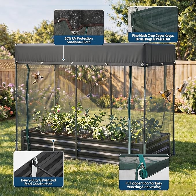 8x4x1Ft Galvanized Raised Garden Bed Kit w/Self Watering Irrigation & Mesh Cover, Metal Bottomless Raised Planter Box for Veggies Herbs Flowers, Rustproof Elevated Garden Bed Backyard Patio Farm