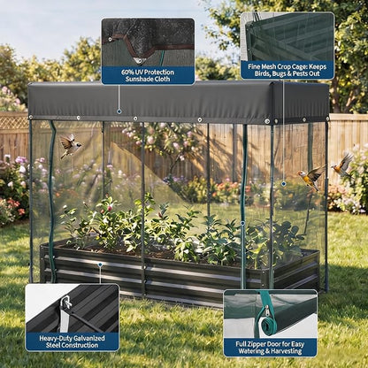 8x4x1Ft Galvanized Raised Garden Bed Kit w/Self Watering Irrigation & Mesh Cover, Metal Bottomless Raised Planter Box for Veggies Herbs Flowers, Rustproof Elevated Garden Bed Backyard Patio Farm