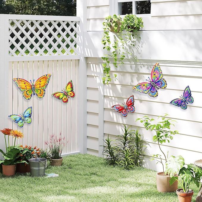 SUNREEK 6Pcs Metal Butterfly Wall Decor, 16Inch/8Inch Outdoor Butterfly Wall Art for Fence Garden Yard Room Patio Balcony Decorations
