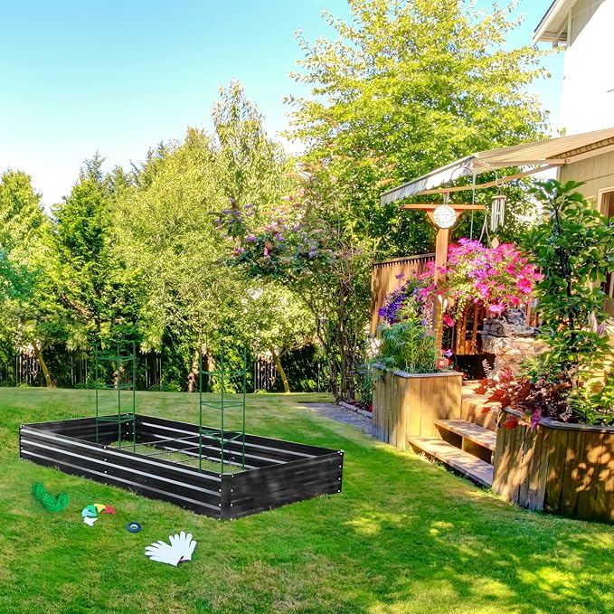 ONCEMORE Galvanized Raised Garden Bed for Vegetables Flowers Herbs, Metal Raised Garden Bed Kit with 2 PCS Tomato Cage, Gloves, Trellis Netting, Plant Labels, Plant Ties, Black 6×3×1FT