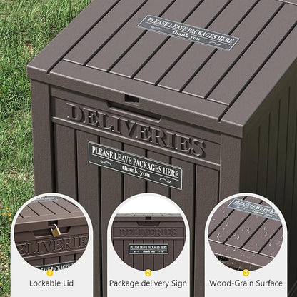 Package Delivery Box for Outside, Storage Box with Lockable Secure, Outdoor Resin Package Drop Container Waterproof for Backyard, Garden, Patio & Lawn, Brown