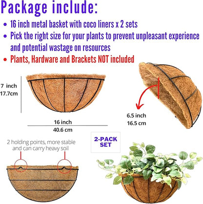 LaLaGreen 16 Inch Large Wall Planter, 2 Pack Rail Hanging Pot with Coco Liner, Black Metal Wall Mounted Flower Basket Box Outdoor Outside Fence Railing Plant Holder Deck Porch Patio Balcony Garden