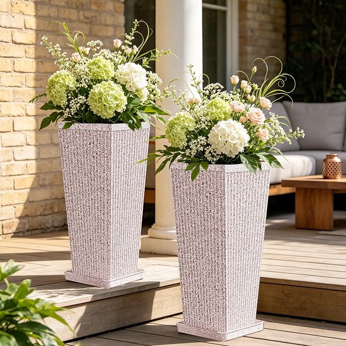 24" Square Tall Planters for Outdoor Plants Set of 2 - Faux Concrete Tapered Indoor Flower Pots with Tray/Insert, Large Outdoor Planters for Porch Patio Garden, White Red Speckled
