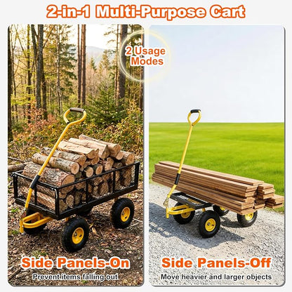 DIAMONDFORGE 500lbs Heavy Duty Garden Cart, Steel Garden Wagon Cart with Fixedable Rotating Handle for Backyard, Utility Yard Wagon with 10" All Terrain Tires, Mesh Removable Sides