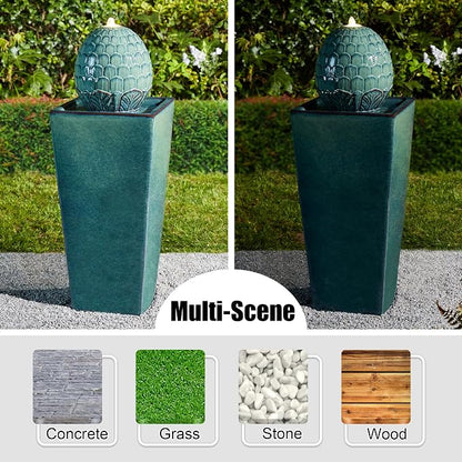 Glitzhome 35.75" H Tall Ceramic Outdoor Water Fountain with LED Light Oversized Artichoke Pedestal Fountains with Submersible Pump Patio Fountain Waterfall for Garden Patio Deck Porch, Turquoise