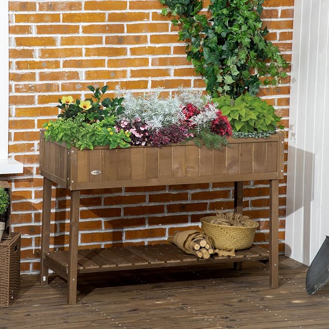 Outsunny 43x18x30in Raised Garden Bed with 8 Pockets and Shelf, Wooden Elevated Planter Box with Legs to Grow Herbs, Vegetables, and Flowers, Dark Brown